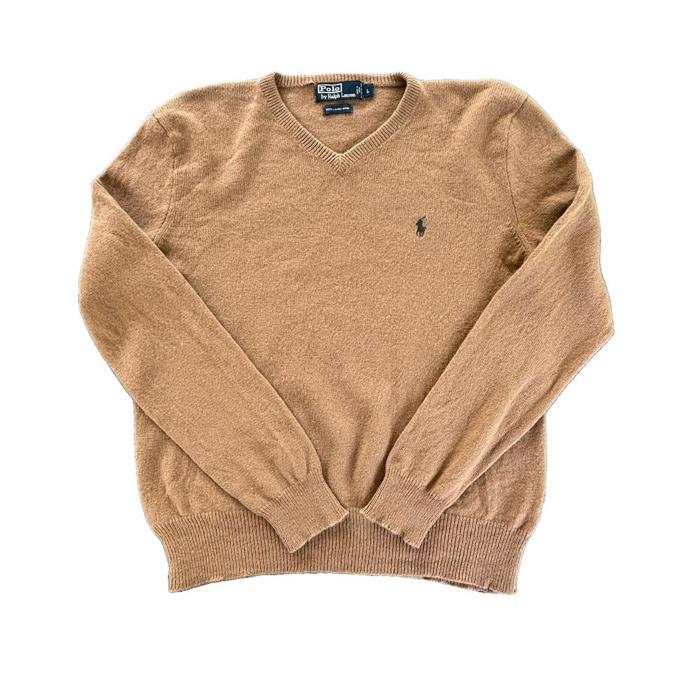 Vintage Polo Ralph Lauren Beige Sweater Men’s Size L 100% Lambs Wool 90s Preppy
